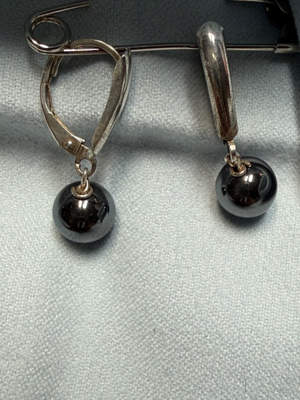 Sterling Silver Drop Earrings with Hematite-Like Black Spheres